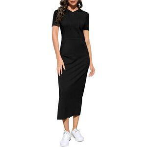 Women's Casual Short Sleeve Slim Pullover Maxi Hoodie Dress with Pockets